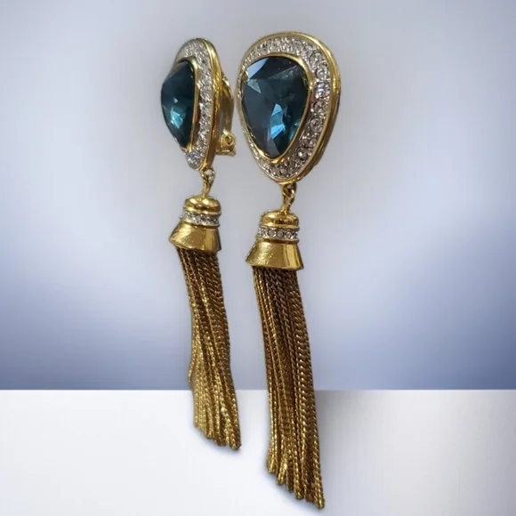 SWAROVSKI Huge Vintage Sapphire Crystal Dangle Tassel Clip-on Earrings - Picture 2 of 6